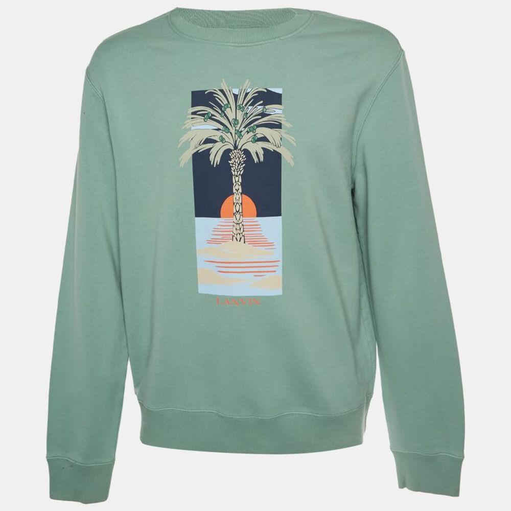 Lanvin Sage Green Printed Cotton Knit Crewneck Sweatshirt Xl